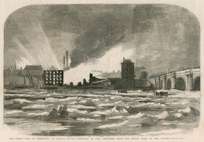 Suuri tulipalo Banksidessa perjantai-iltana, 14. helmikuuta 1855, piirretty Thamesin pohjoisrannalta tekijältä English School