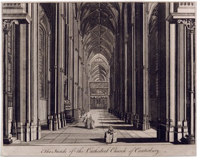 Canterburyn katedraalikirkon sisäpuoli", josta on näkymät laivolle, länsipäästä, n. 1700-43 tekijältä English School