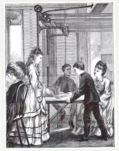 Laitteet viestien kuljettamiseen Post Office Telegraphin päämajassa, Telegraph Street, Lontoo, The Graphic, 1871 tekijältä English School