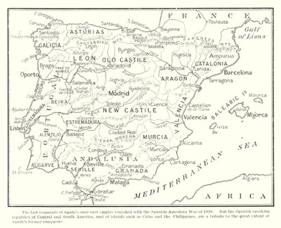 Viimeiset jäänteet Espanjan aikoinaan valtavasta imperiumista katosivat vuoden 1898 espanjalais-amerikkalaisessa sodassa (litografia). tekijältä English School