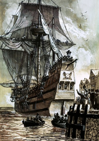 Pilgrim Fathersin viimeinen näky oli Southamptonin telakka (guassi paperilla) tekijältä English School
