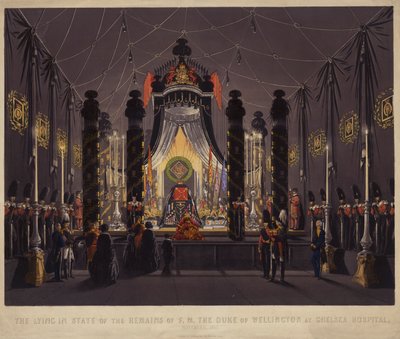 F M:n Wellingtonin herttuan jäänteet makaavat Chelsean sairaalassa marraskuussa 1852 (värillinen kaiverrus) tekijältä English School