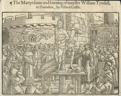 William Tyndallin marttyyrikuolema ja polttaminen Flaundersissa Filfordin linnan luona (kaiverrus). tekijältä English School