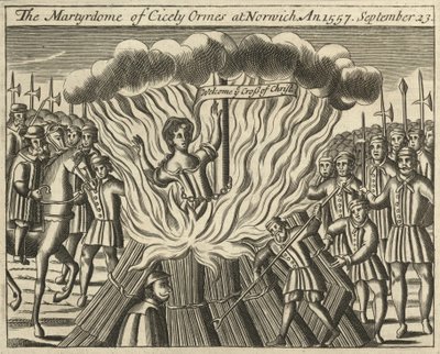 Cicely Ormesin marttyyrikuolema Norwichissa 23. syyskuuta 1557 (kaiverrus). tekijältä English School