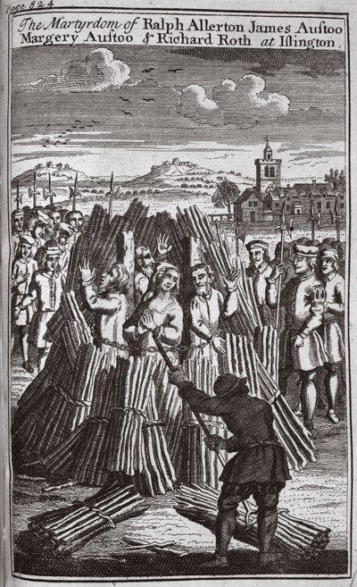 Ralph Allerton James Austoon, Margery Austoon ja Richard Rothin marttyyrikuolema Islingtonissa, kuvitus teoksesta "Foxes Martyrs", n. 1703 (litografia). tekijältä English School