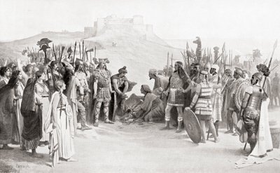 Hannibalin tapaaminen muinaisen Gallian kelttiläisen heimon Ceutronien kanssa hänen ylittäessään Alpit vuonna 218 eKr. Hutchinsonin kansojen historiasta, pub.1915 tekijältä English School