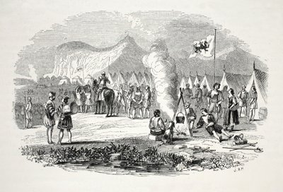 Pohjois- ja Etelä-Walesin päälliköiden tapaaminen Breidden Hillsissä matkalla Bosworth-fieldiin, pubiin. 1800-luku (teräskaiverrus) tekijältä English School