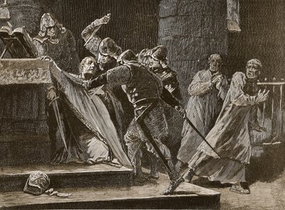 Becketin murha Canterburyn katedraalissa, kuvitus Cassells Illustrated History of Englandista (seepiakuva) tekijältä English School