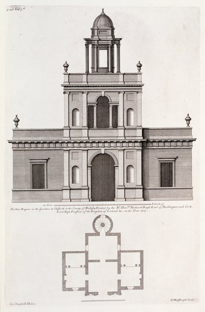 Uusi "Bagnio" Chiswick Housen puutarhassa, Colen Campbellin teoksesta "Vitruvius Britannicus or The British Architect" (kaiverrus). tekijältä English School