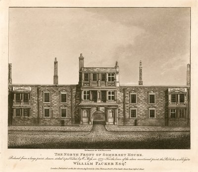 Somerset Housen pohjoisrintama, The Strand, Lontoo, W. Mossin vuonna 1777 piirtämän vedoksen perusteella tekijältä English School
