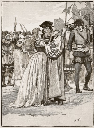 Sir Thomas Moren ja hänen tyttärensä ero, kuvitus Cassells Illustrated History of Englandista (seepiakuva) tekijältä English School