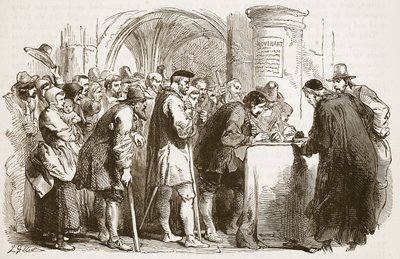 Ihmiset allekirjoittavat liiton St. Gilesin kirkossa Edinburghissa, kuvitus Cassells Illustrated History of Englandista (seepiakuva) tekijältä English School