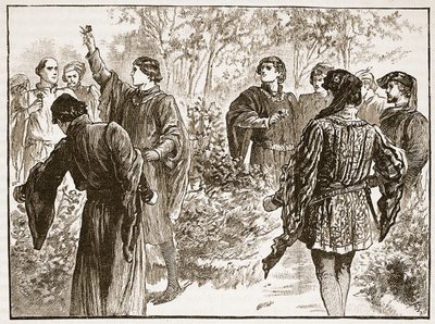 Kiista Temple Gardensissa, kuvitus Cassells Illustrated History of Englandista (seepiakuva) tekijältä English School