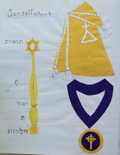 Kultaisen aamunkoiton hermeettisen ritarikunnan sihteerin (Cancellarius) viitta (ritarikunnan symbolilla) ja regaliat, n. 1895 (kollaasi) (katso myös 212698) tekijältä English School