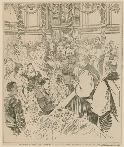 Kuninkaalliset häät, seremonia alttarin kiskoilla, Buckinghamin palatsin kappeli, 23. heinäkuuta 1896 tekijältä English School