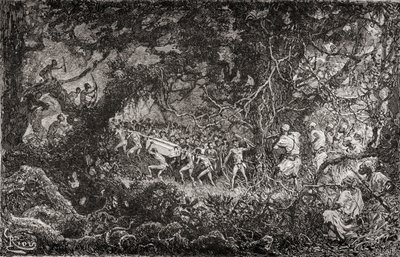 Sir Henry Morton Stanleyn Emin Pashan apuretkikunnan tiedustelijat Afrikassa vuonna 1888 löytävät pygmejä, jotka vievät ampumatarvikelaatikkoa, julkaisu 1890. tekijältä English School