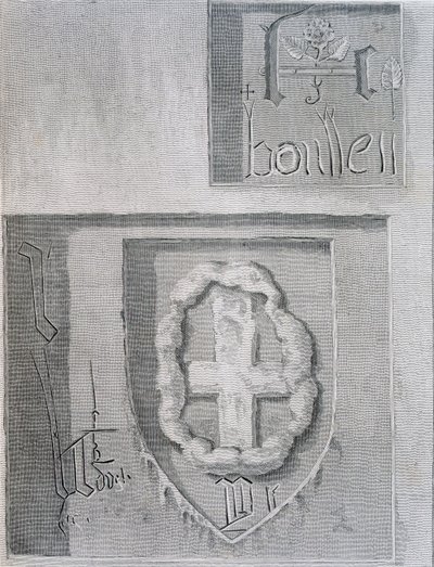 Anne Boleynin allekirjoitus Tudor Rosen kanssa hänen vankilassaan Lontoon Towerissa ja toinen vanki veistämällä ristiä, 1815 tekijältä English School