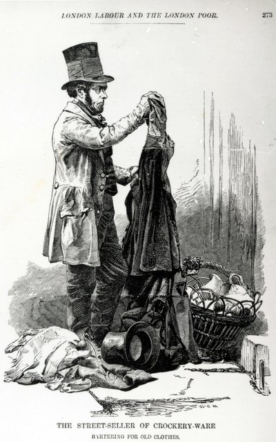 Vanhojen vaatteiden astioiden vaihtokauppa katukauppias, n. 1840 tekijältä English School
