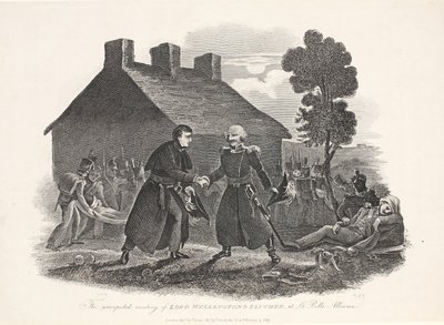 Lord Wellingtonin ja Blucherin odottamaton tapaaminen La Belle Alliancessa, pubissa. T Kelly, 1811 tekijältä English School