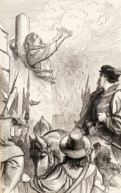 Thomas Hawkes poltettiin roviolla Marian vainojen aikana, n. 1865 (puukaiverrus) tekijältä English School