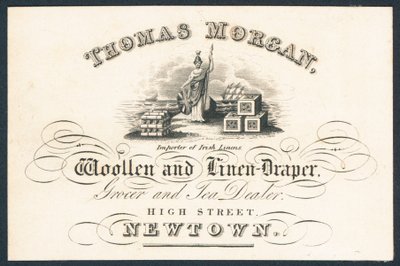 Thomas Morgan, villa- ja pellavaverho, elintarvike- ja teekauppias, kauppakortti tekijältä English School