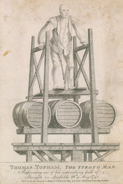 Thomas Topham, vahva mies, suorittamassa yhden hämmästyttävistä voimateoistaan Spitalfieldsissä 28. toukokuuta 1741 tekijältä English School