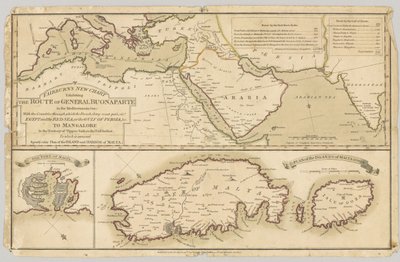 Kolme painettua värillistä karttaa: Fairburnsin uusi kartta, joka esittelee kenraali Bonaparten reittiä Välimerellä, 1798 tekijältä English School