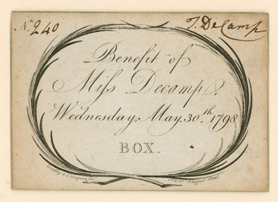 Lippu Drury Lane -teatteriin, Lontoo: Benefit of Miss Decamp, 30. toukokuuta 1798 tekijältä English School