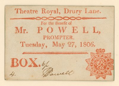Lippu Drury Lane -teatteriin, Lontoo: Herra Powellin eduksi, prompteri, 27. toukokuuta 1806 tekijältä English School