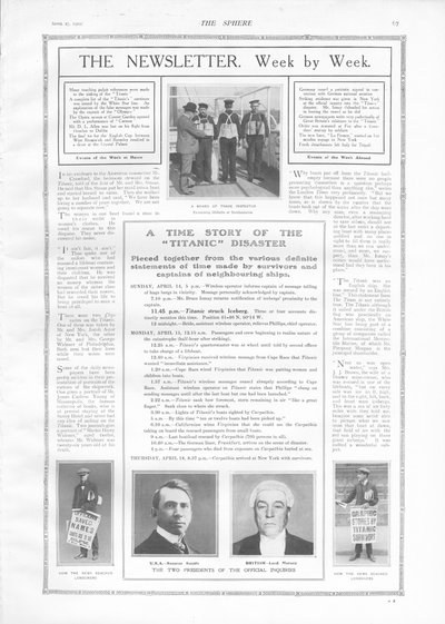 Aikajana tapahtumista ja artikkeleista Titanicin uppoamisesta, The Spherestä, 27. huhtikuuta 1912 tekijältä English School