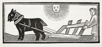 Tämä on aura, joka hajottaa maan suolistot maissin kylvöä varten, kuvitus John Ashtonin pubista Chap-books of the Eightenth Century. 1882 tekijältä English School
