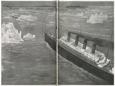 Titanic jäälautassa, elokuvasta "The Sphere", 20. huhtikuuta 1912 (litho) (450874:n yksityiskohta) tekijältä English School
