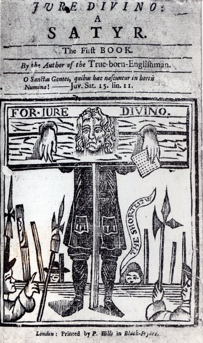 Daniel Defoen (1660-1731) Jure Divino - Satyr ensimmäisen kirjan nimisivu, joka julkaistiin vuonna 1706 tekijältä English School