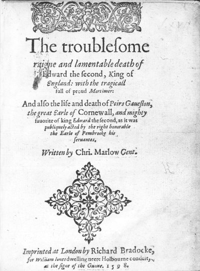 Christopher Marlowen Edward II:n nimilehti, julkaistu 1598 (painettu paperi) tekijältä English School