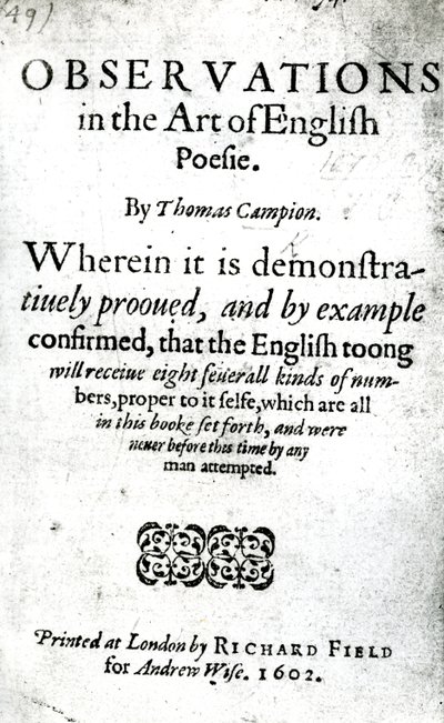 Nimisivu Thomas Campionin englanninkielisen poesian taiteen havainnoille, julkaistu 1602 (painettu paperi) tekijältä English School