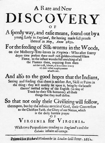 Samuel Hartlibin The Reformed Virginian Silk-worm -julkaisun otsikkosivu, julkaistu 1652 (koopaino) tekijältä English School