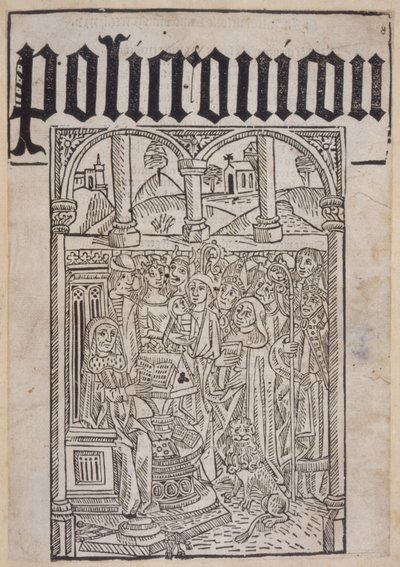 Nimisivu Ranulf Higdenin (d.1364) Polychroniconista, painanut Wynkyn de Worde, 1495 tekijältä English School
