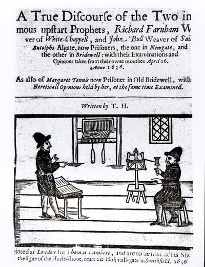 Nimisivu kahden surullisen profeetan tosi keskustelusta, Richard Farnham, Weaver, White-Chapel, ja John Bull, Weaver, Saint Botolphs, Algate, T.H 1636 tekijältä English School
