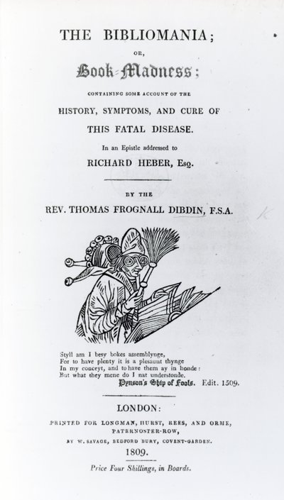 Nimisivu pastori Thomas Frognall Dibdinin Bibliomaniaan, julkaistu 1809 (painettu paperi) tekijältä English School