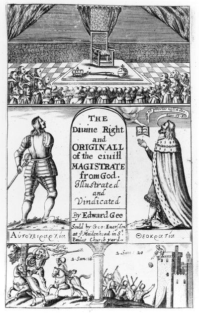 Nimisivu jumalalliseen oikeuteen ja jumalan siviilituomarin alkuperäiskappale, kaivertanut Edward Gee, 1658 tekijältä English School