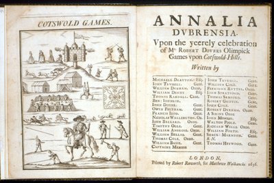Annalia Dubrensian otsikkosivu: Mr. Robert Doversin Yeerely-juhlissa Cotswold Hillsissä 1636 olympiakisoissa tekijältä English School