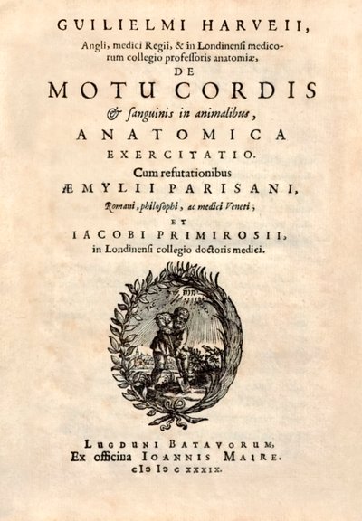Nimiölehti William Harveyn (1578-1657) vuonna 1628 julkaistusta teoksesta "De Motu Cordis set Sanguinis in Animalibus" (Sydämen ja veren liikkeet elävissä olennoissa). tekijältä English School