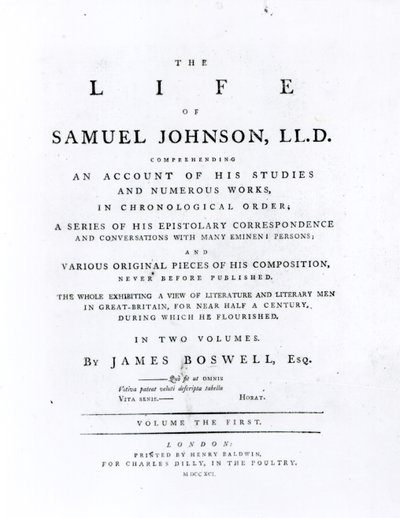 Nimisivu, James Boswellin (1740-1795) Samuel Johnsonin elämästä tekijältä English School