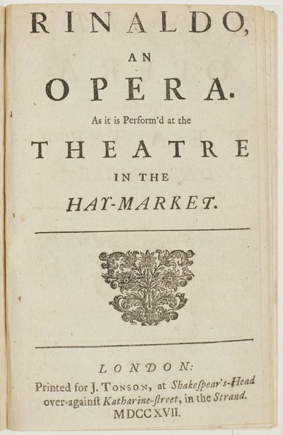 Nimisivu Händelin oopperan "Rinaldo" libretosta, Giacomo Rossi, 1717 tekijältä English School