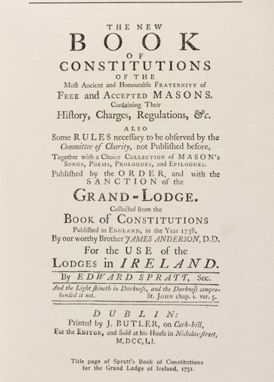 Irlannin suurloosin Spratts Book of Constitutions -kirjan nimisivu, 1751 tekijältä English School