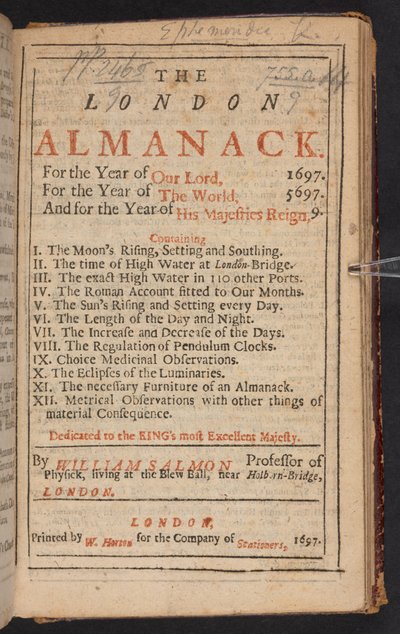 William Salmonin kirjoittaman The London Almanack -kirjan nimiölehti. tekijältä English School