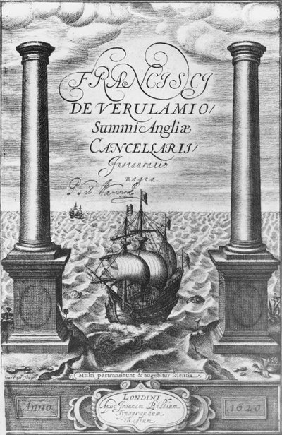 Sir Francis Baconin Novum Organumin ensimmäisen painoksen otsikkosivu, 1620 tekijältä English School
