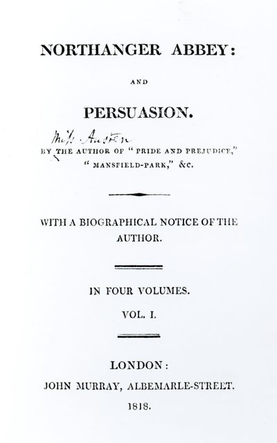 Jane Austenin Northanger Abbeyn ja Persuasionin nimisivu, ensimmäinen painos, 1818 tekijältä English School