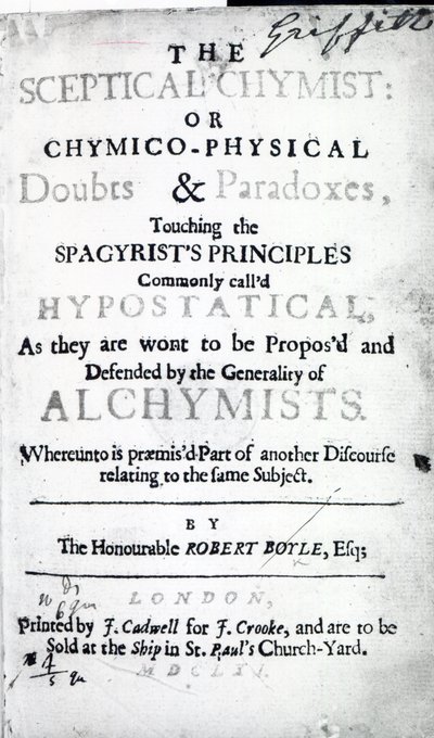 Nimisivu Robert Boylen teokseen Skeptical Chymist, 1661 (painettu) tekijältä English School
