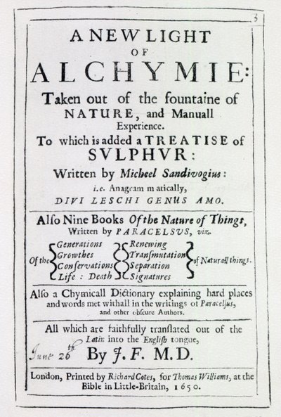 Nimisivu Michal Sedziwojin kirjan A New Light on Alchemy englanninkieliseen painokseen, 1650 (painettu) tekijältä English School